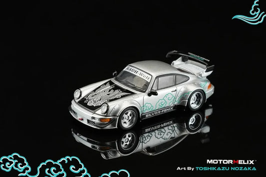 Motorhelix 1:64 RWB 964 Silver Fenix with magnetic air-cooled engine CoolCarShow Exclusive