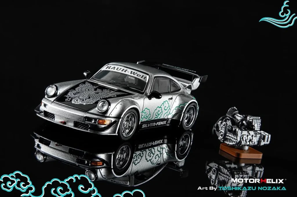 Motorhelix 1:64 RWB 964 Silver Fenix with magnetic air-cooled engine CoolCarShow Exclusive
