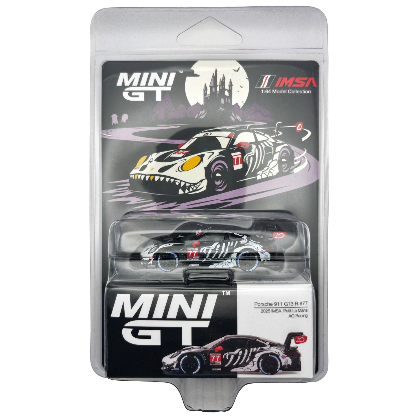 Mini GT 1:64 Porsche 911 GT3 R #77 AO Racing Skeleton Rexy Exclusive Packaging