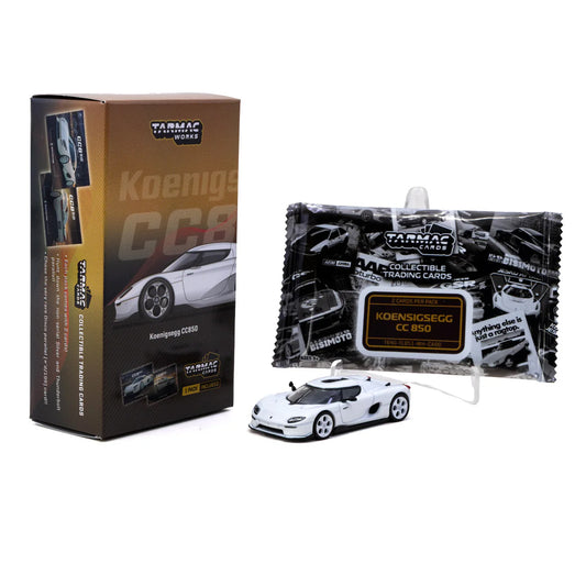 Tarmac Works 1:64 Koenigsegg CC850 White Model Car Global64 + Trading Cards Combo Set