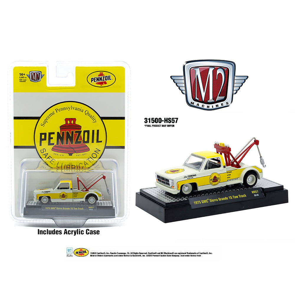 M2 Machines 1:64 1975 GMC Sierra Grande 15 Tow Truck Penzoil Yellow