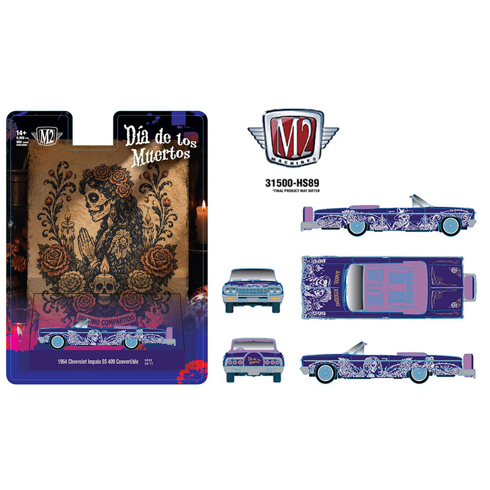 [PRE ORDER] M2 Machines 1:64 1964 Chevrolet Impala SS 409 Convertible “Dia De Los Muertos” Purple