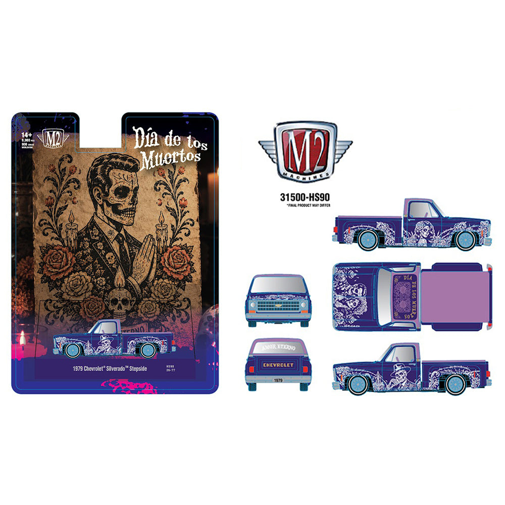 [PRE ORDER] M2 Machines 1:64 1979 Chevrolet Silverado Stepside Dia De Los Muertos Purple