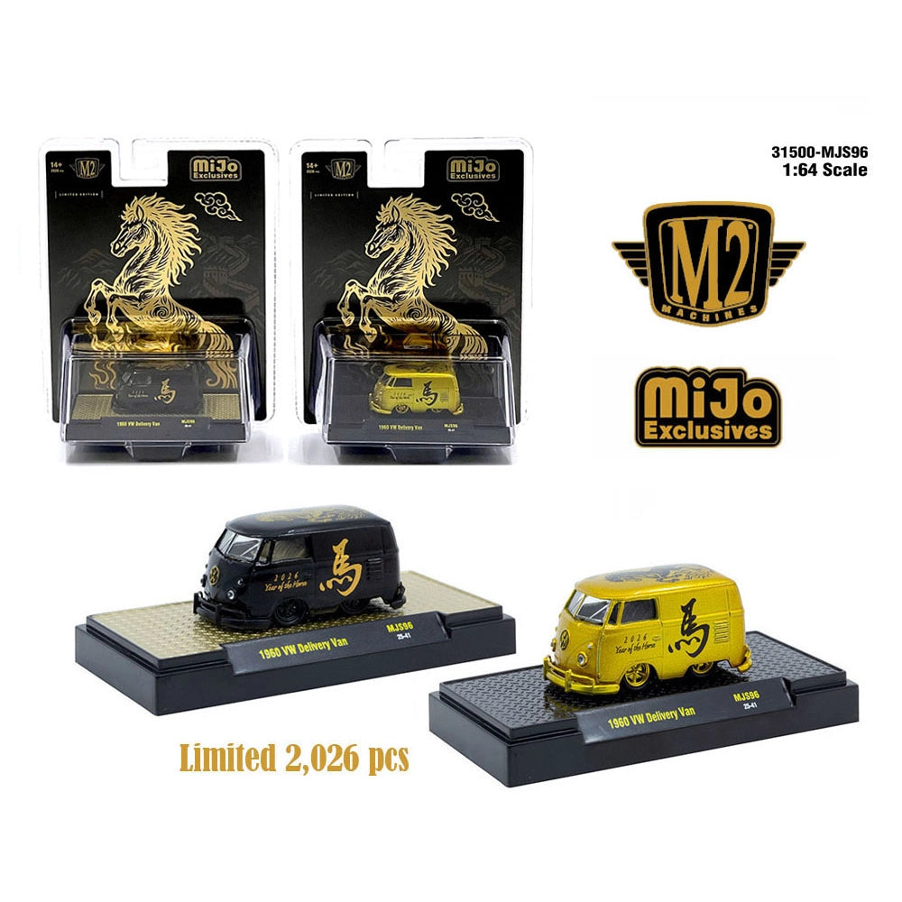 M2 Machines 1:64 Mijo Exclusives 2026 Year of The Horse 1960 Volkswagen Delivery Van Gold and Black (2 Cars)