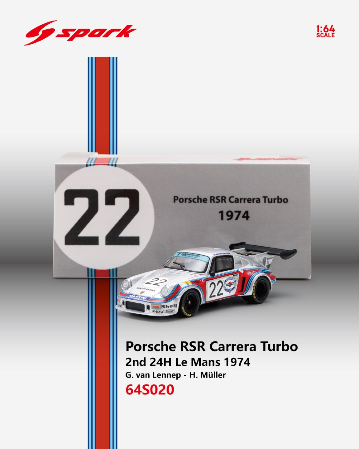 [PRE ORDER] Spark 1:64 Porsche RSR Carrera Turbo No.22 2nd 24H Le Mans 1974 G. van Lennep - H. Müller