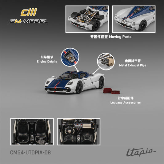 [PRE ORDER] CM Model 1:64 Pagani Utopia Bianco Benny with Blu Francia Carbon & Rosso Monza Stripe