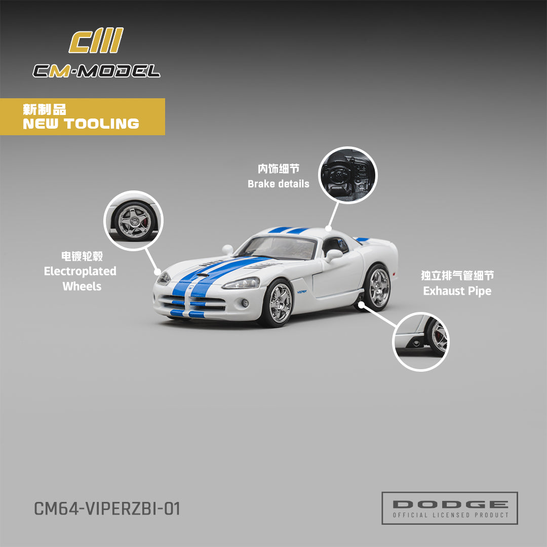 [PRE ORDER] CM Model 1:64 Dodge Viper (ZB I) Stone White with Blue Racing Stripes