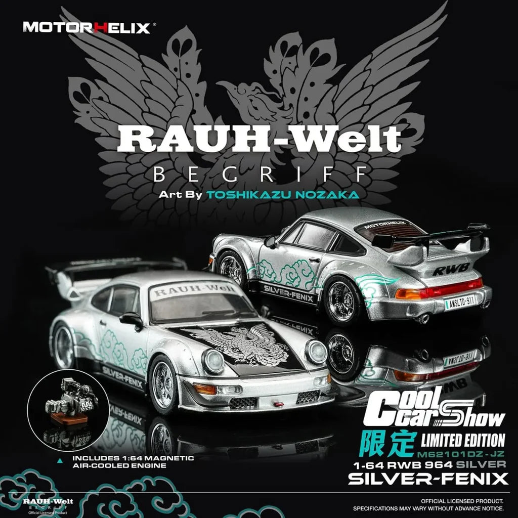 Motorhelix 1:64 RWB 964 Silver Fenix with magnetic air-cooled engine CoolCarShow Exclusive