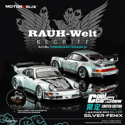 Motorhelix 1:64 RWB 964 Silver Fenix with magnetic air-cooled engine CoolCarShow Exclusive