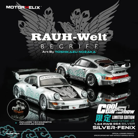 Motorhelix 1:64 RWB 964 Silver Fenix with magnetic air-cooled engine CoolCarShow Exclusive
