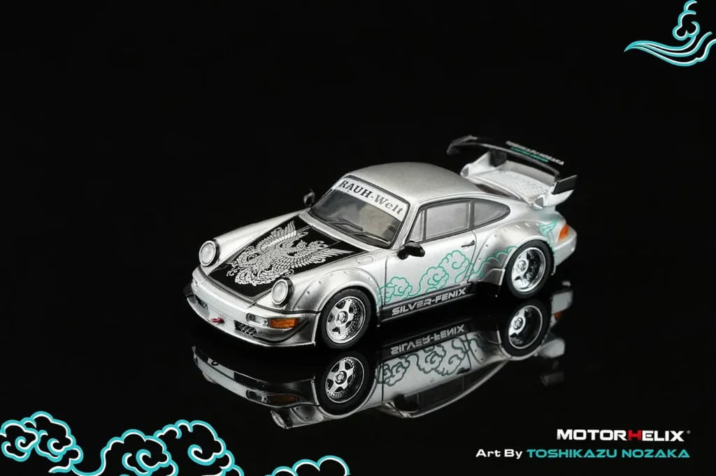 Motorhelix 1:64 RWB 964 Silver Fenix with magnetic air-cooled engine CoolCarShow Exclusive
