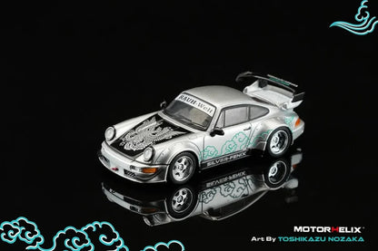 Motorhelix 1:64 RWB 964 Silver Fenix with magnetic air-cooled engine CoolCarShow Exclusive