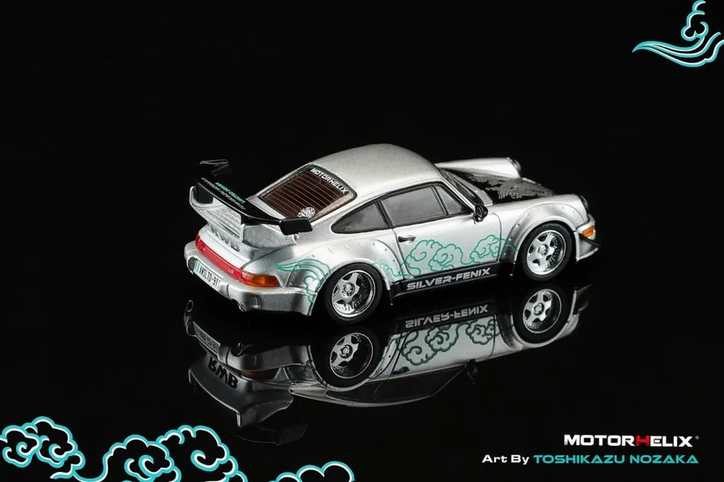 Motorhelix 1:64 RWB 964 Silver Fenix with magnetic air-cooled engine CoolCarShow Exclusive