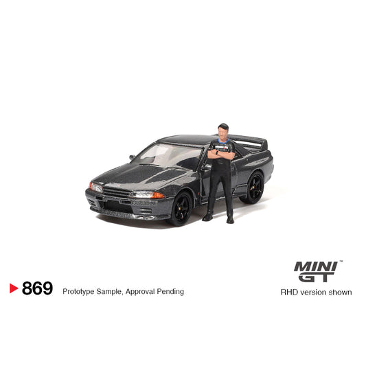 Mini GT 1:64 Nissan Skyline GT-R (R32) Gunmetal w/ Matsuda Figure - Tsugio Matsuda Collection