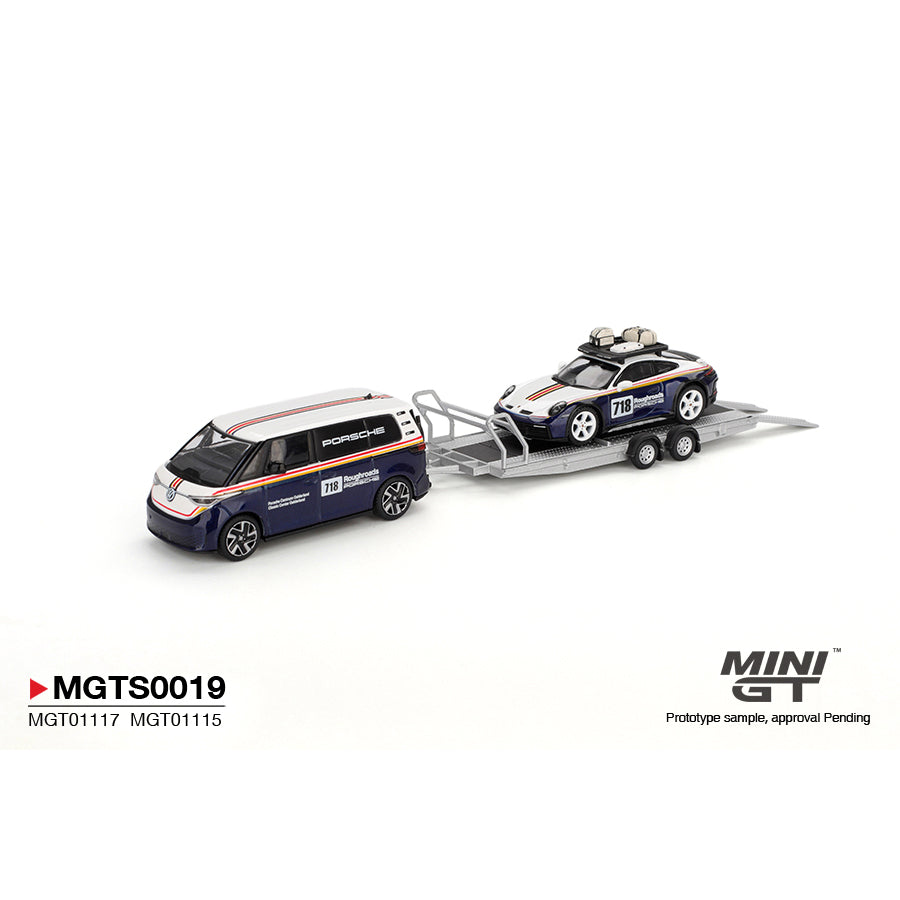 Mini GT 1:64 Porsche 911 Dakar #718 and Volkswagen ID. Buzz Porsche Centrum Gelderland Roughroads Set