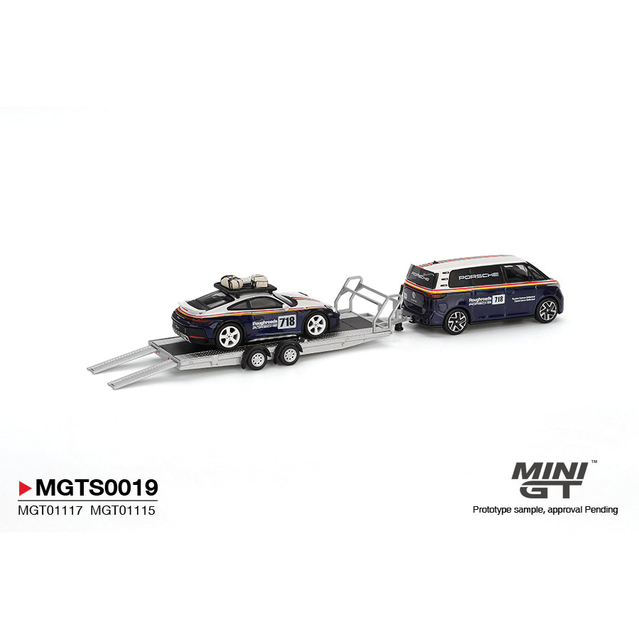 Mini GT 1:64 Porsche 911 Dakar #718 and Volkswagen ID. Buzz Porsche Centrum Gelderland Roughroads Set