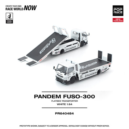 [PRE ORDER] Pop Race 1:64 Pandem Hino Fuso 300 Flatbet Transporter White PR640484