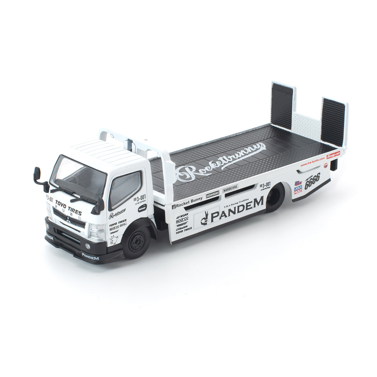 [PRE ORDER] Pop Race 1:64 Pandem Hino Fuso 300 Flatbet Transporter White PR640484