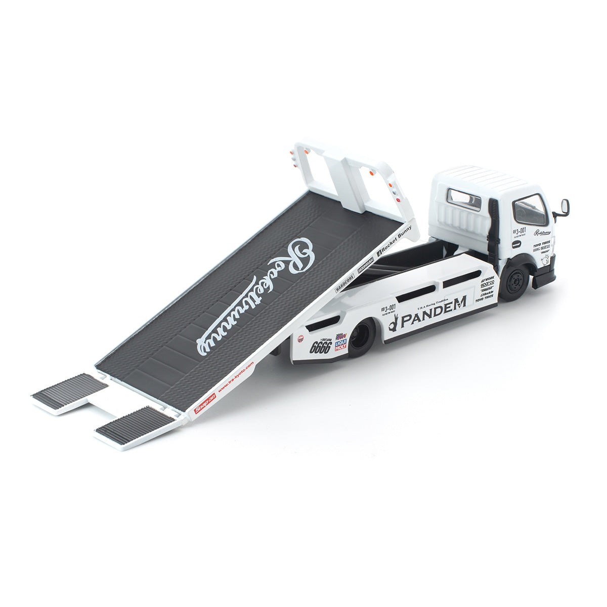 [PRE ORDER] Pop Race 1:64 Pandem Hino Fuso 300 Flatbet Transporter White PR640484
