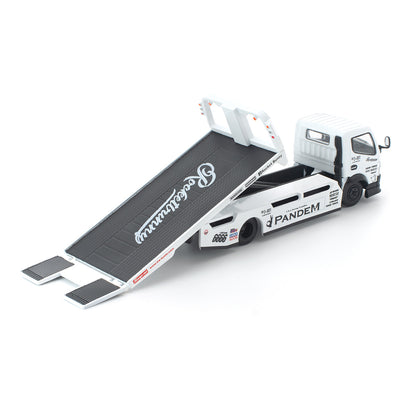 [PRE ORDER] Pop Race 1:64 Pandem Hino Fuso 300 Flatbet Transporter White PR640484