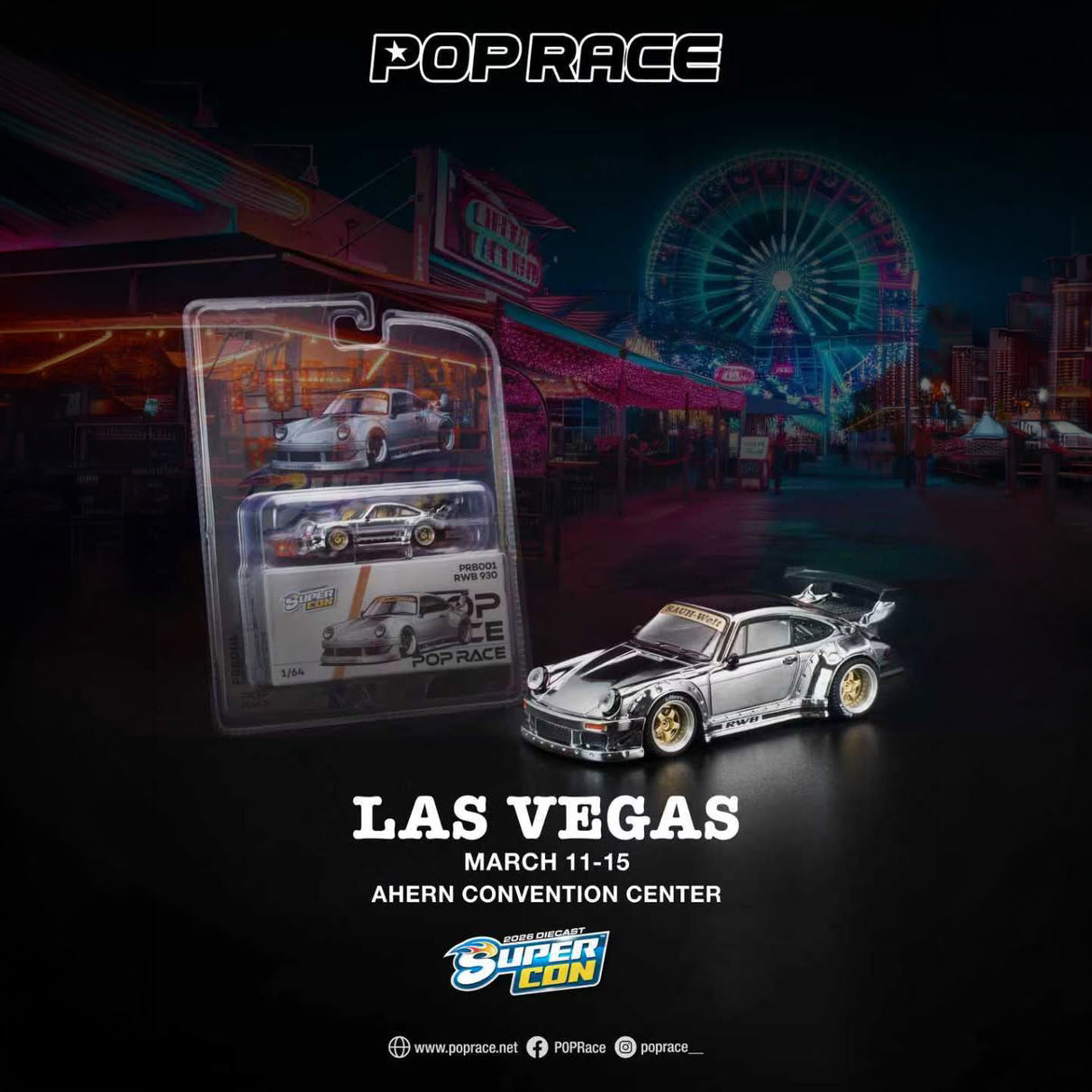 Pop Race 1:64 RWB 930 Silver Chome Las Vegas SUPERCON 2026 PRB001 *Limit 2 per Customer*