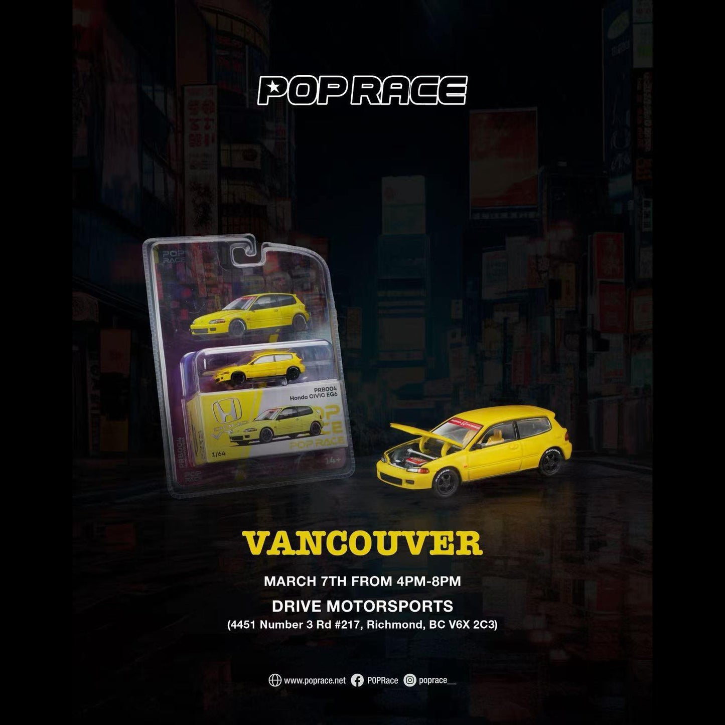 Pop Race 1:64 Honda Civic EG6 Yellow Vancouver 2026 Edition PRB004
