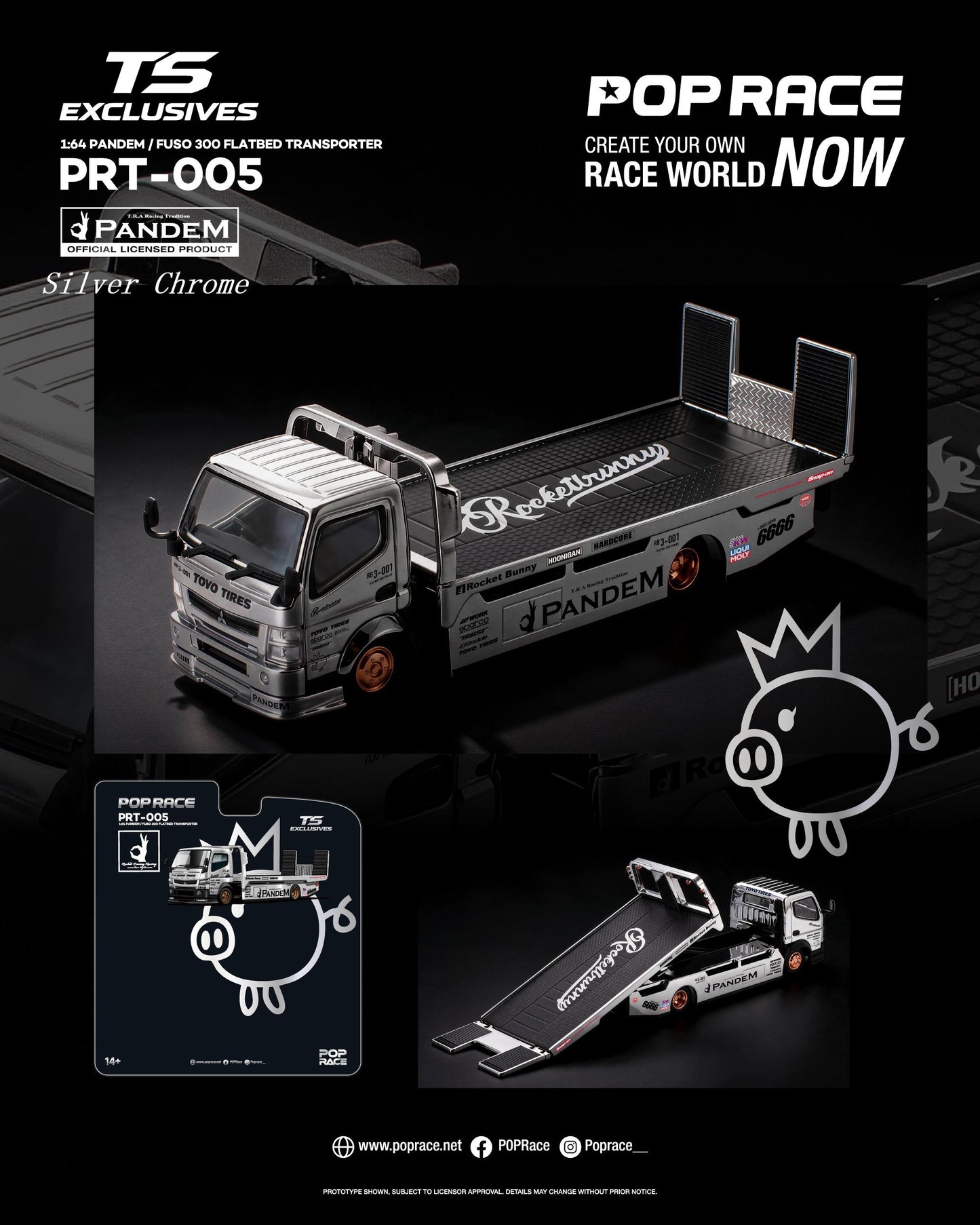 [PRE ORDER] Pop Race TS Exclusives 1:64 Pandem Fuso 300 Flatbed Transporter Silver Chrome