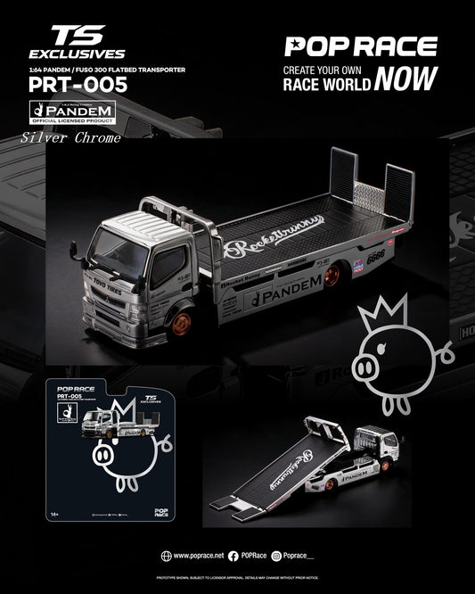 [PRE ORDER] Pop Race TS Exclusives 1:64 Pandem Fuso 300 Flatbed Transporter Silver Chrome