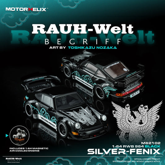 [PRE ORDER] Motorhelix 1:64 RWB 964 Black Silver-Fenix with magnetic air-cooled engine