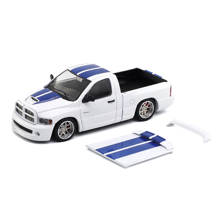 Shoom64 1:64 2003 Dodge Ram SRT-10 Pickup White with Blue Racing Stripes