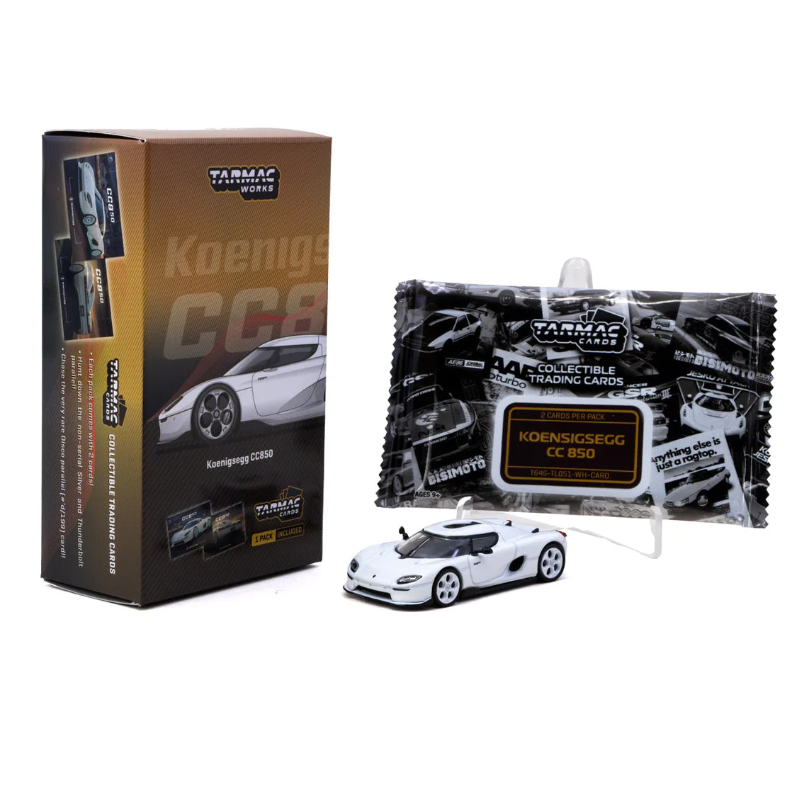 Tarmac Works 1:64 Koenigsegg CC850 White Model Car Global64 + Trading Cards Combo Set