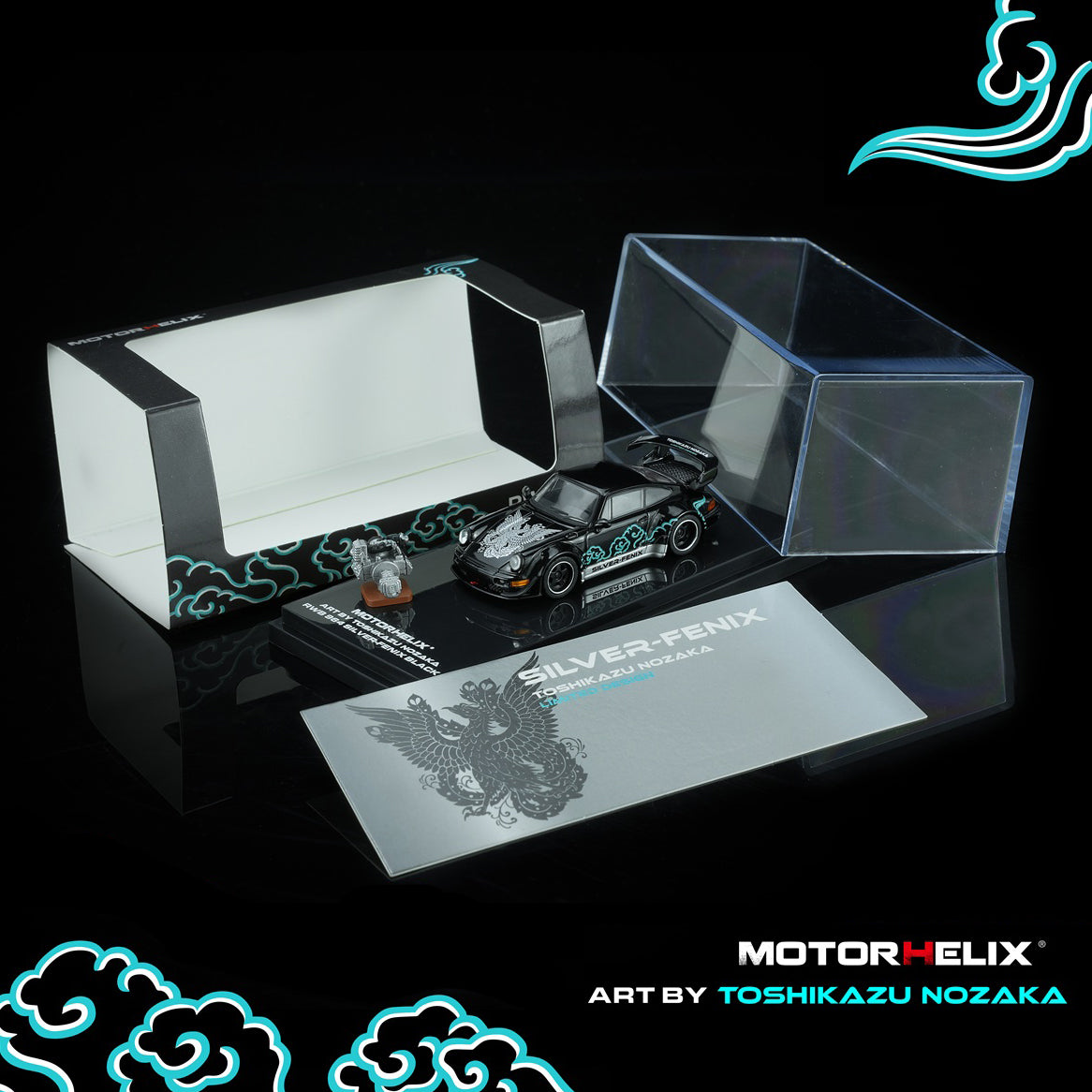 [PRE ORDER] Motorhelix 1:64 RWB 964 Black Silver-Fenix with magnetic air-cooled engine